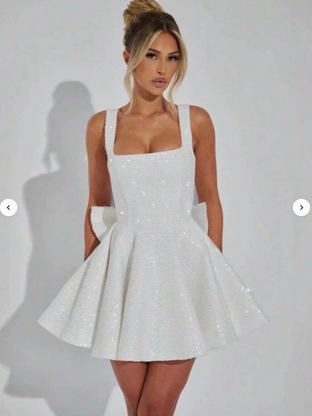 White Sequin Flare mini dress with bow